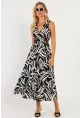 Kadın Siyah-Beyaz Desenli Kruvaze Midi Elbise YZ634