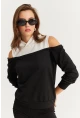 Kadın Siyah-Beyaz Omuzları Açık Sweatshirt TF15