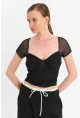 Kadın Siyah Büzgülü Tül Crop Bluz TPG04