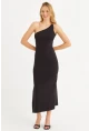 Kadın Siyah Çapraz Yaka Aksesuarlı Midi Elbise EY3088