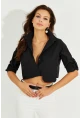 Kadın Siyah Crop Cepli Gömlek TD153