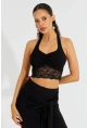 Kadın Siyah Dantel Detaylı Crop Bluz B2549