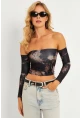 Kadın Siyah Desenli Crop Bluz CG378