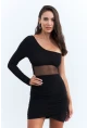 Kadın Siyah Drapeli Tül Detaylı Mini Yılbaşı Elbise ELT3850