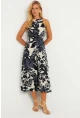 Kadın Siyah-Ekru Desenli Midi Elbise YZ1107
