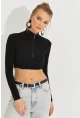 Kadın Siyah Fermuarlı Crop Bluz MEN2020