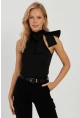 Kadın Siyah Fiyonklu Crop Bluz EY2726