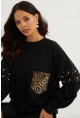 Kadın Siyah İncili Kol Detaylı Sweatshirt PKA400