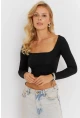 Kadın Siyah Kare Yaka Crop Bluz CG362