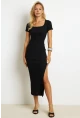Kadın Siyah Kare Yaka Yırtmaçlı Midi Elbise XL2000
