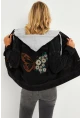 Kadın Siyah Kelebek Nakışlı Kapüşonlu Kot Ceket İS423