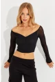 Kadın Siyah Kolları Tül Crop Bluz CG315