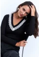 Kadın Siyah Kroşe Aksesuarlı V Yaka Bluz EY2969