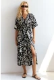 Kadın Siyah Kruvaze Desenli Midi Elbise YZ1152