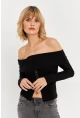 Kadın Siyah Madonna Yaka Yırtmaçlı Crop Bluz ELT4034
