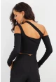 Kadın Siyah Omuzları Açık Kaşkorse Crop Bluz B1701