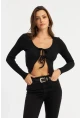 Kadın Siyah Önü Bağlamalı Kaşkorse Crop Bluz AYD381