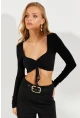 Kadın Siyah Önü Büzgülü Crop Bluz B3015