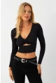 Kadın Siyah Önü Pencereli Crop Bluz AYD393