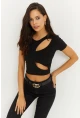 Kadın Siyah Önü Pencereli Crop Bluz ELT2670