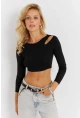 Kadın Siyah Pencereli Crop Bluz CG363
