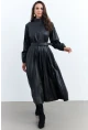 Kadın Siyah Pileli Kemerli Maxi Elbise MALZ99