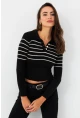 Kadın Siyah Polo Yaka Çizgili Triko Bluz MK65