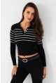 Kadın Siyah Polo Yaka Çizgili Triko Bluz MK65