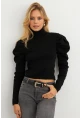 Kadın Siyah Prenses Kol Balıkçı Yaka Triko Bluz SF2555