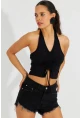 Kadın Siyah Sırtı Açık Crop Bluz B2697