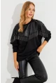 Kadın Siyah Suni Deri Bloklu Sweatshirt PKA806