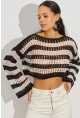 Kadın Siyah-Taş Ajurlu Crop Triko Bluz YV137