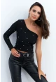 Kadın Siyah Taşlı Tek Kol Crop Bluz HOL2