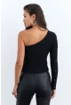 Kadın Siyah Taşlı Tek Kol Crop Bluz HOL2