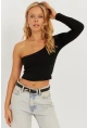 Kadın Siyah Tek Omuz Crop Bluz CY445
