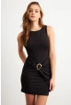 Kadın Siyah Toka Detaylı Büzgülü Mini Elbise KED2365