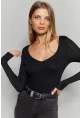 Kadın Siyah V Yaka Çıtçıtlı Body Fİ792