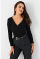 Kadın Siyah V Yaka Çıtçıtlı Kaşkorse Bluz MTF43