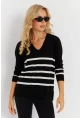 Kadın Siyah V Yaka Çizgili Triko Kazak YİL550