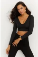 Kadın Siyah V Yaka Crop Bluz CG265