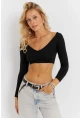 Kadın Siyah V Yaka Crop Bluz CG368