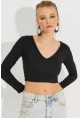 Kadın Siyah V Yaka Crop Bluz LPP1241