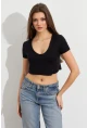 Kadın Siyah V Yaka Crop Bluz TOP101