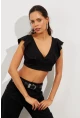 Kadın Siyah Volanlı Crop Bluz B2589