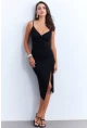 Kadın Siyah Yanı Yırtmaçlı Pedli Midi Elbise CY3022