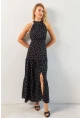 Kadın Siyah Yırtmaçlı Puantiyeli Midi Elbise KED4233