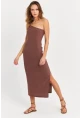 Kadın Sütlü Kahve Omuz Aksesuarlı Kolsuz Midi Elbise MOD2400