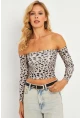 Kadın Taş Leopar Desenli Crop Bluz CG378