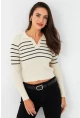 Kadın Taş Polo Yaka Çizgili Triko Bluz MK65