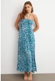 Kadın Turkuaz Büzgülü Desenli Midi Elbise KAB304
